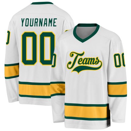 Custom Name and Number Personalized Green-Gold Hockey Jersey - White Team Jersey Personalized White Green-Gold Hockey Jersey