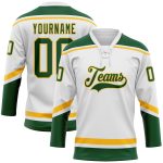 Custom Name and Number White Green-Gold Hockey Lace Neck Jersey - Personalized Team Apparel Personalized White Green-Gold