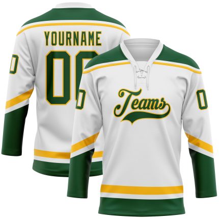 Custom Name and Number White Green-Gold Hockey Lace Neck Jersey - Personalized Team Apparel Personalized White Green-Gold