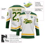 Custom Name and Number White Green-Gold Hockey Lace Neck Jersey - Personalized Team Apparel Personalized White Green-Gold