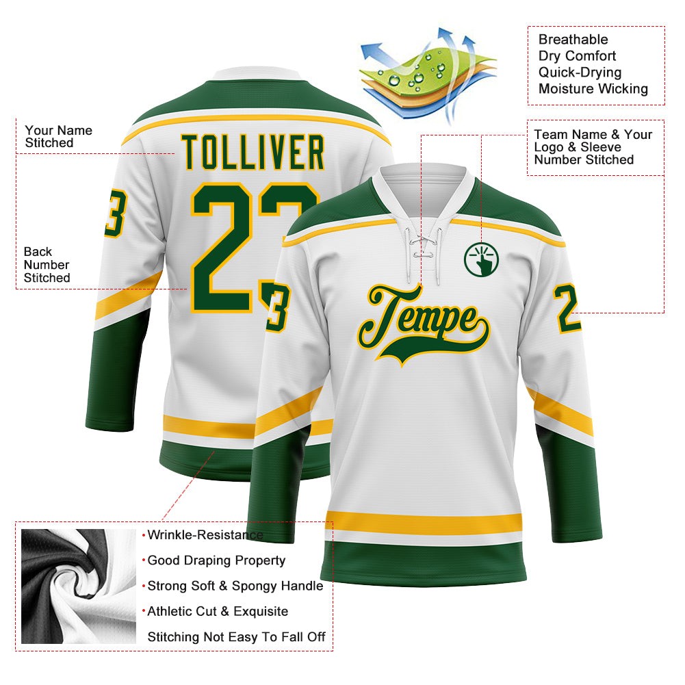 Personalized White Green-Gold Hockey Lace Neck Jersey Team Custom Name and Number Custom Name and Number White Green-Gold Hockey Lace Neck Jersey - Personalized Team Apparel Personalized White Green-Gold - Image 3
