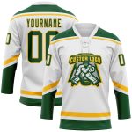 Custom Name and Number White Green-Gold Hockey Lace Neck Jersey - Personalized Team Apparel Personalized White Green-Gold