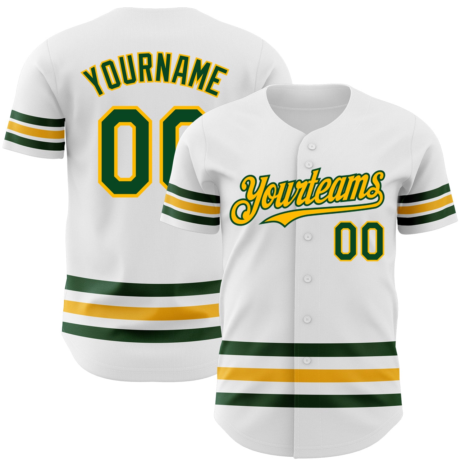 Custom Name and Number Personalized Authentic Baseball Jersey - White Green Gold Line Design Personalized White Green-Gold