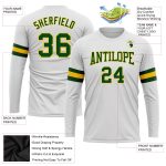 Custom Team Name Number Long Sleeve Performance T-Shirt White Green-Gold Personalized White Green-Gold Long Sleeve Performance