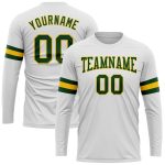 Custom Team Name Number Long Sleeve Performance T-Shirt White Green-Gold Personalized White Green-Gold Long Sleeve Performance