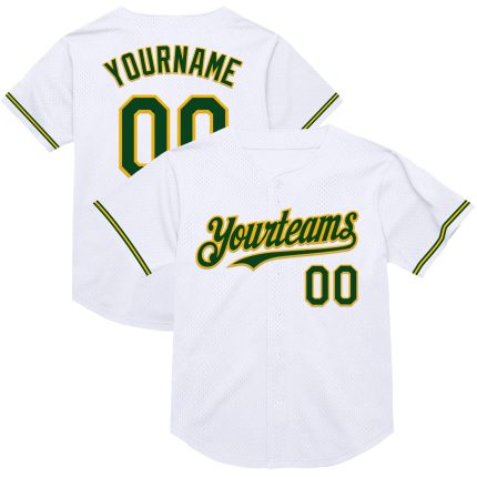 Personalized Green-Gold Mesh Authentic Baseball Jersey - White Throwback Style Personalized White Green-Gold Mesh Authentic