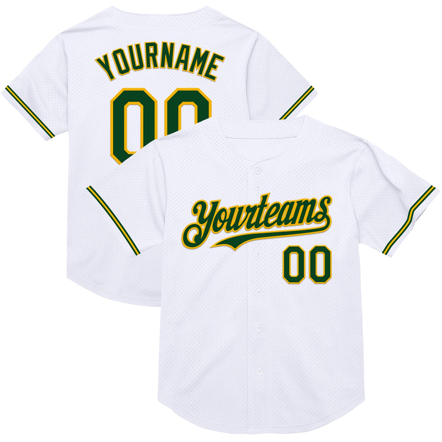 Personalized Green-Gold Mesh Authentic Baseball Jersey - White Throwback Style Personalized White Green-Gold Mesh Authentic
