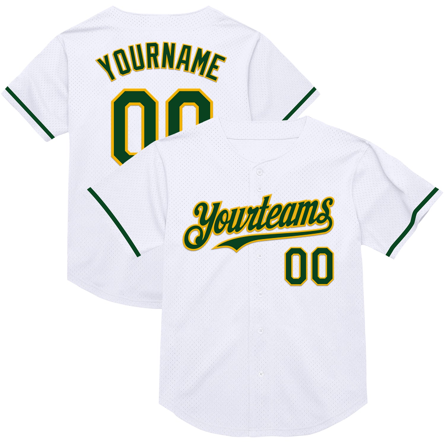 Custom Personalized Baseball Jersey with Name and Number - White Green and Gold Mesh Throwback Design Personalized White