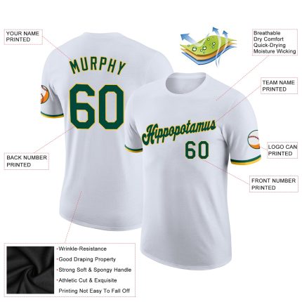 Custom Team Name Number Performance T-Shirt - Personalized White Green Gold Shirt Personalized White Green-Gold Performance