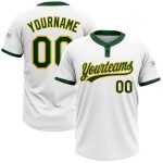 Custom Team Softball Jersey with Name and Number - Unisex Green and Gold Two-Button Personalized Design Personalized White