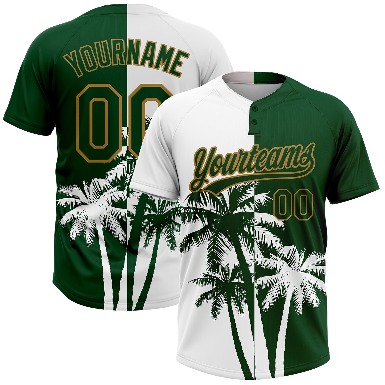 Custom Name and Number Unisex Softball Jersey with 3D Pattern Hawaii Coconut Trees - Personalized White Gold Green Design