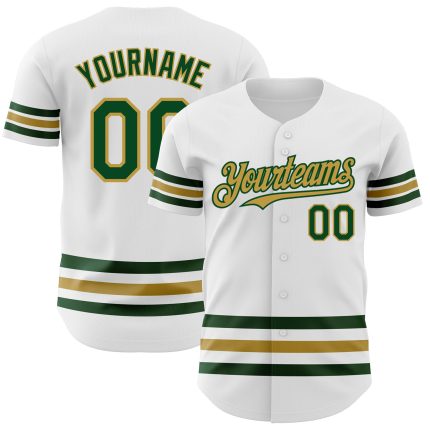 Custom Name and Number Authentic Baseball Jersey - Personalized White Green-Old Gold Line Team Jersey Personalized White
