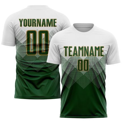 Custom Sublimation Soccer Jersey with Personalized Name and Number - White Green Old Gold Team Uniform Personalized White