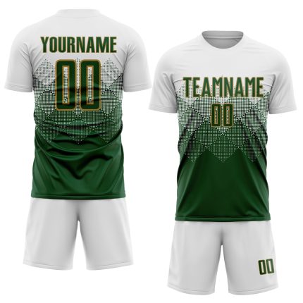 Custom Sublimation Soccer Jersey with Personalized Name and Number - White Green Old Gold Team Uniform Personalized White