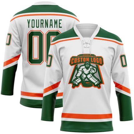 Custom Name Number Hockey Jersey - Personalized White Green Orange Lace Team Jersey Personalized White Green-Orange Hockey