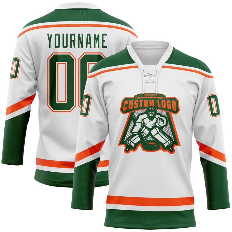 Custom Name Number Hockey Jersey - Personalized White Green Orange Lace Team Jersey Personalized White Green-Orange Hockey