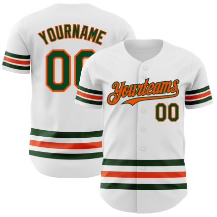 Custom Name and Number Personalized Baseball Jersey - Authentic White Green-Orange Line Design Personalized White Green-Orange