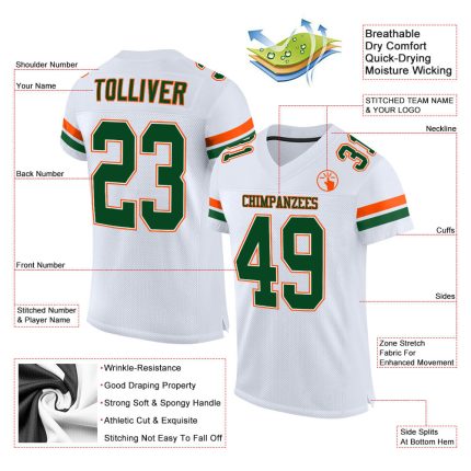 Customizable Football Jersey - Personalized White Green-Orange Mesh with Name & Number - Authentic Team Apparel Personalized