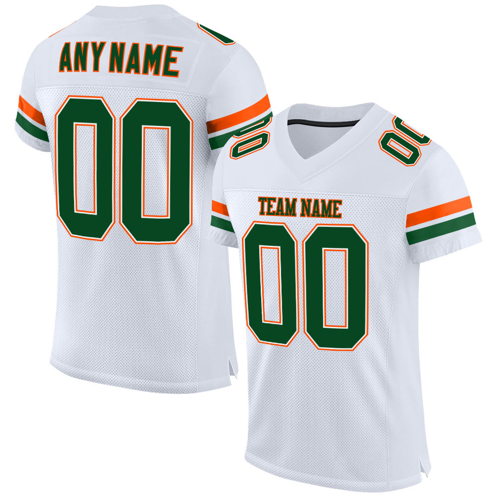 Customizable Football Jersey - Personalized White Green-Orange Mesh with Name & Number - Authentic Team Apparel Personalized