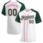 Custom Name and Number Personalized Baseball Jersey - Authentic White Green-Pink Raglan Sleeves Personalized White Green-Pink
