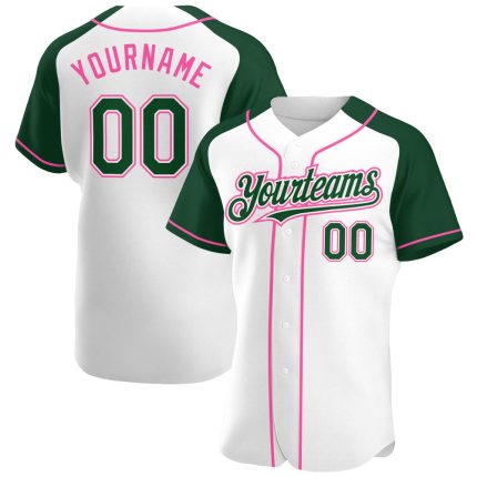 Custom Name and Number Personalized Baseball Jersey - Authentic White Green-Pink Raglan Sleeves Personalized White Green-Pink
