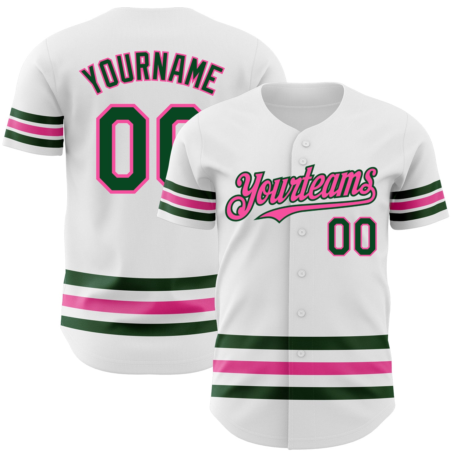 Custom Baseball Jersey with Personalized Name and Number - Authentic White Green-Pink Line Design Personalized White Green-Pink