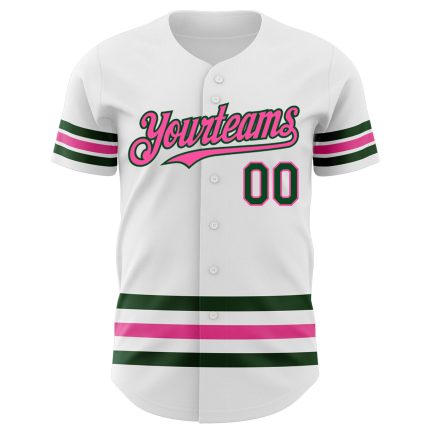Custom Baseball Jersey with Personalized Name and Number - Authentic White Green-Pink Line Design Personalized White Green-Pink