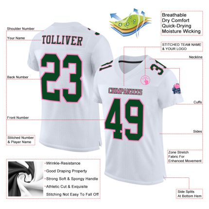Custom Personalized Football Jersey - White Green Pink Mesh with Team Name and Number Personalized White Green-Pink Mesh
