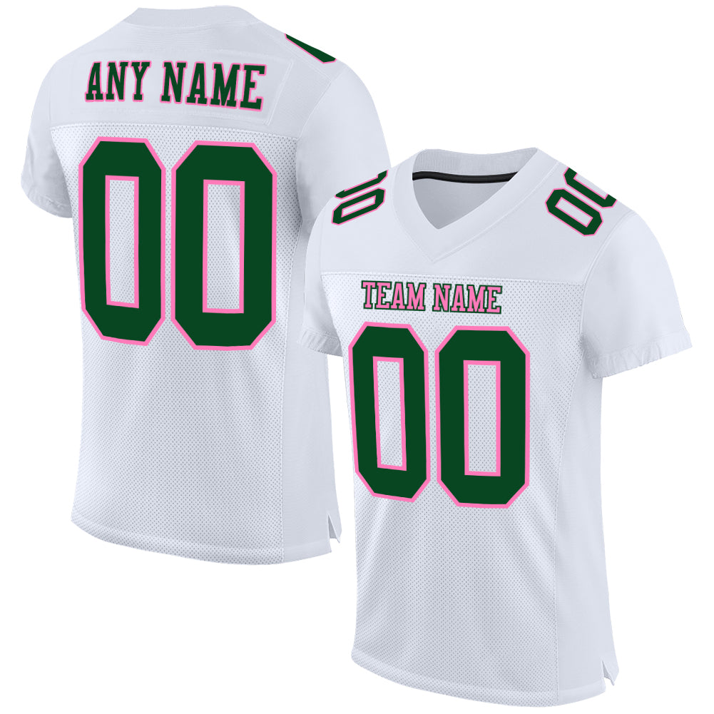 Custom Personalized Football Jersey - White Green Pink Mesh with Team Name and Number Personalized White Green-Pink Mesh