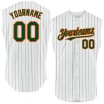 Custom Team Baseball Jersey - Personalized Sleeveless White Green Pinstripe with Gold Name and Number Personalized White
