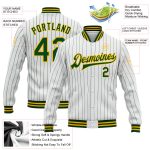 Custom Team Name Number Varsity Jacket Gold Bomber White Green Pinstripe Full-Snap Letterman Personalized White Green Pinstripe