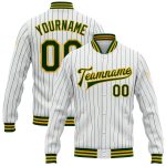 Custom Team Name Number Varsity Jacket Gold Bomber White Green Pinstripe Full-Snap Letterman Personalized White Green Pinstripe