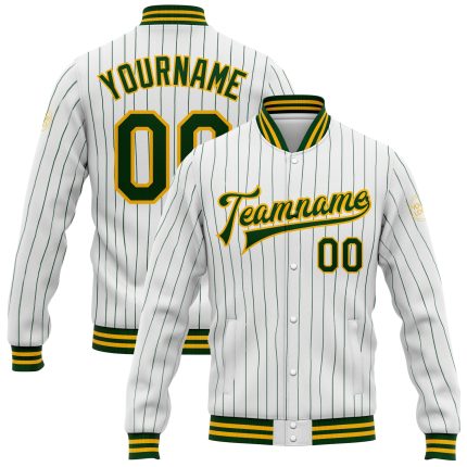 Custom Team Name Number Varsity Jacket Gold Bomber White Green Pinstripe Full-Snap Letterman Personalized White Green Pinstripe