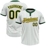 Custom Unisex Softball Jersey with Personalized Name & Number - White Green Pinstripe, Gold Two-Button Design Personalized