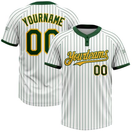 Custom Unisex Softball Jersey with Personalized Name & Number - White Green Pinstripe, Gold Two-Button Design Personalized