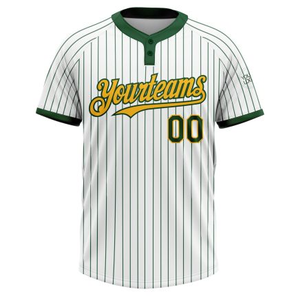 Custom Unisex Softball Jersey with Personalized Name & Number - White Green Pinstripe, Gold Two-Button Design Personalized
