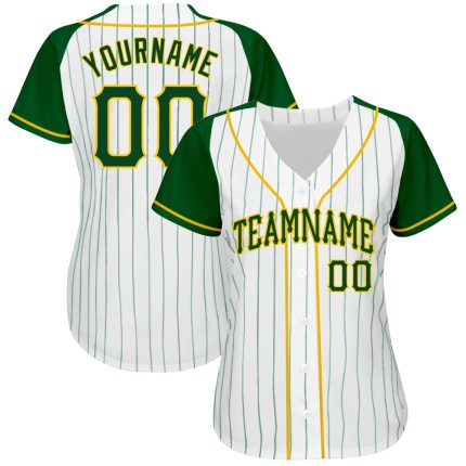 Custom Name Number Personalized Green-Gold Pinstripe Baseball Jersey with Raglan Sleeves for Teams - Authentic Style Personalized