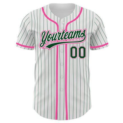 Personalized Green-Pink Authentic Baseball Jersey with Custom Name & Number - White Green Pinstripe Design Personalized White