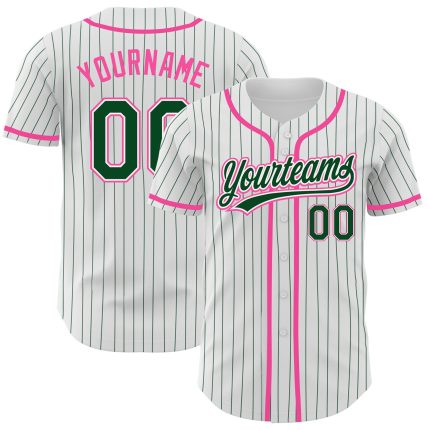 Personalized Green-Pink Authentic Baseball Jersey with Custom Name & Number - White Green Pinstripe Design Personalized White
