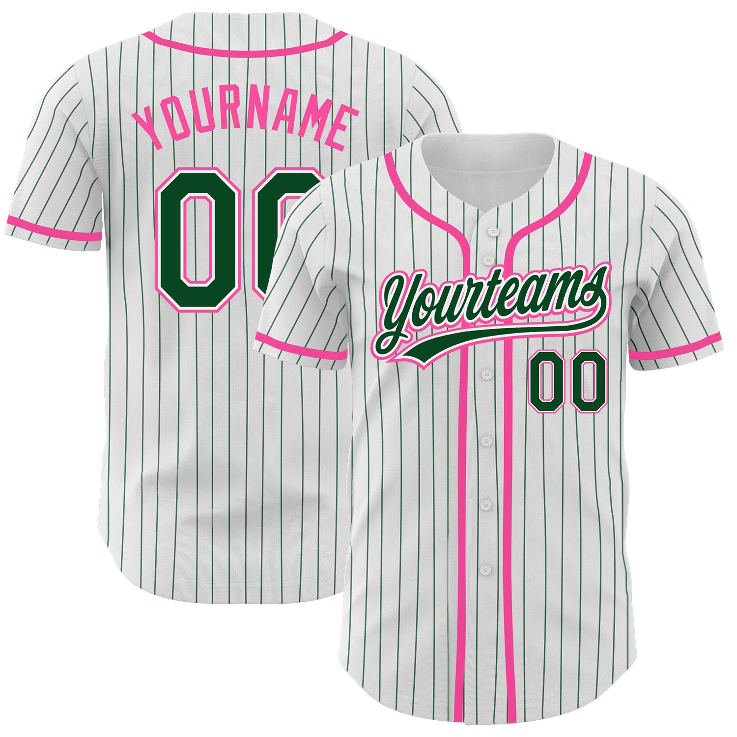 Personalized Green-Pink Authentic Baseball Jersey with Custom Name & Number - White Green Pinstripe Design Personalized White