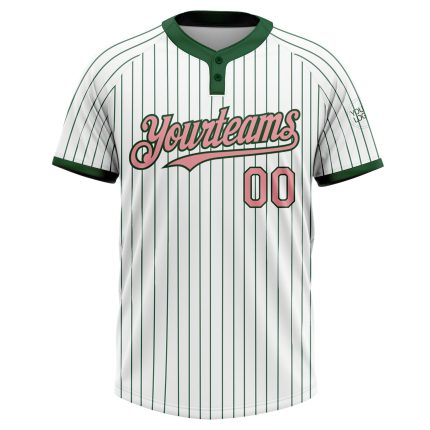 Custom Name & Number Unisex Softball Jersey - Pink Two-Button, White Green Pinstripe, Medium Size Personalized White Green