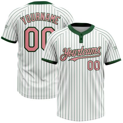 Custom Name & Number Unisex Softball Jersey - Pink Two-Button, White Green Pinstripe, Medium Size Personalized White Green