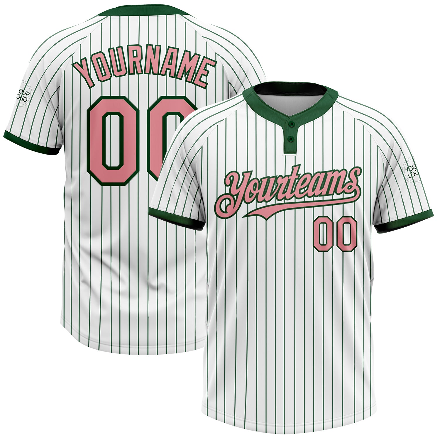 Custom Name & Number Unisex Softball Jersey - Pink Two-Button, White Green Pinstripe, Medium Size Personalized White Green