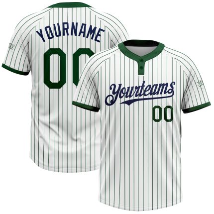 Custom Name and Number Unisex Softball Jersey in White Green Pinstripe Navy, Two-Button Design Personalized White Green Pinstripe