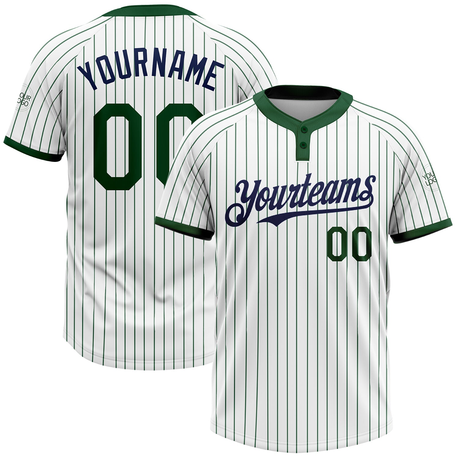 Custom Name and Number Unisex Softball Jersey in White Green Pinstripe Navy, Two-Button Design Personalized White Green Pinstripe