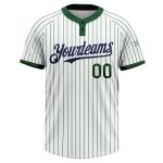 Custom Name and Number Unisex Softball Jersey in White Green Pinstripe Navy, Two-Button Design Personalized White Green Pinstripe