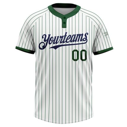 Custom Name and Number Unisex Softball Jersey in White Green Pinstripe Navy, Two-Button Design Personalized White Green Pinstripe