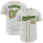 Custom Team Baseball Jersey with Personalized Name and Number - White Green Pinstripe Old Gold Authentic Personalized White