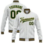 Custom Bomber Jacket Personalized with Name Number Old Gold Black White Green Pinstripe Varsity Full-Snap Letterman Personalized