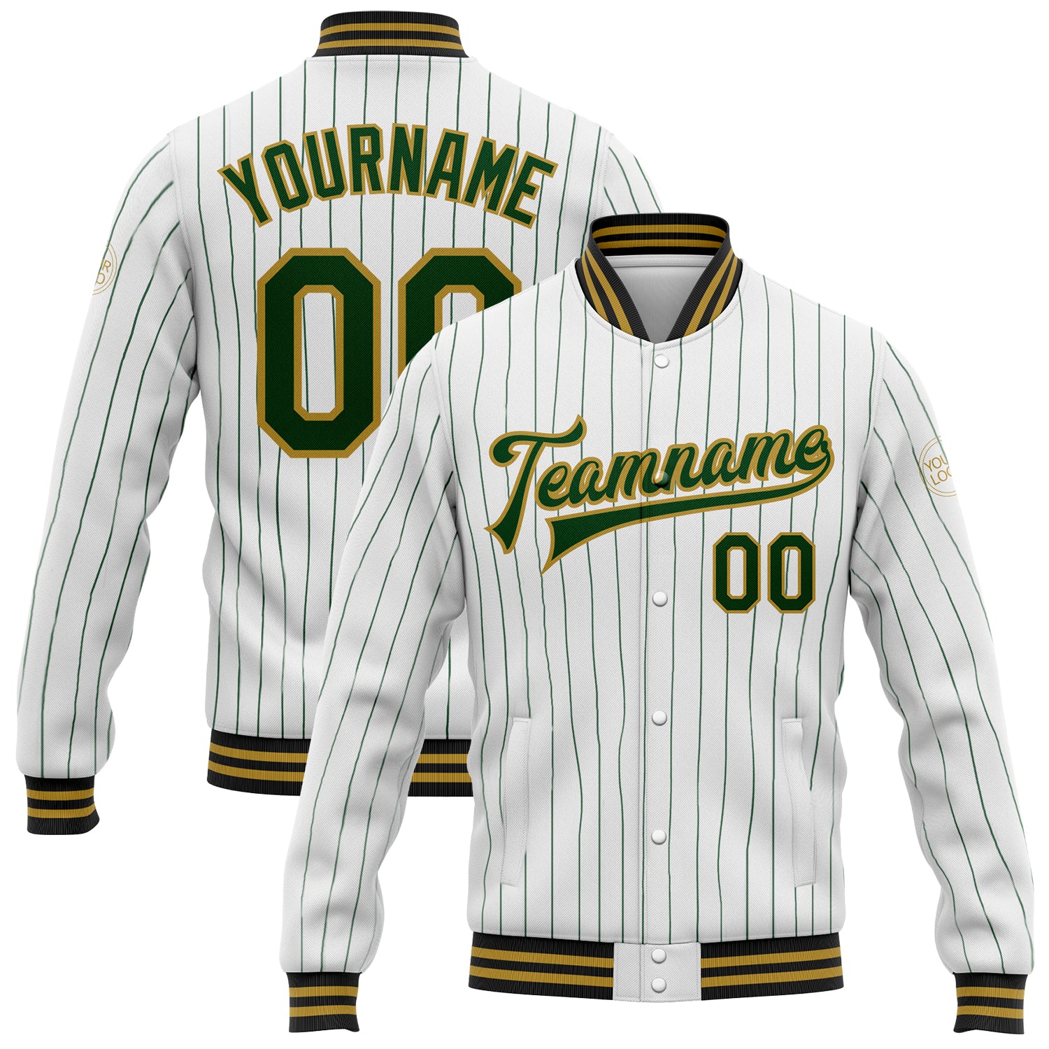 Custom Bomber Jacket Personalized with Name Number Old Gold Black White Green Pinstripe Varsity Full-Snap Letterman Personalized